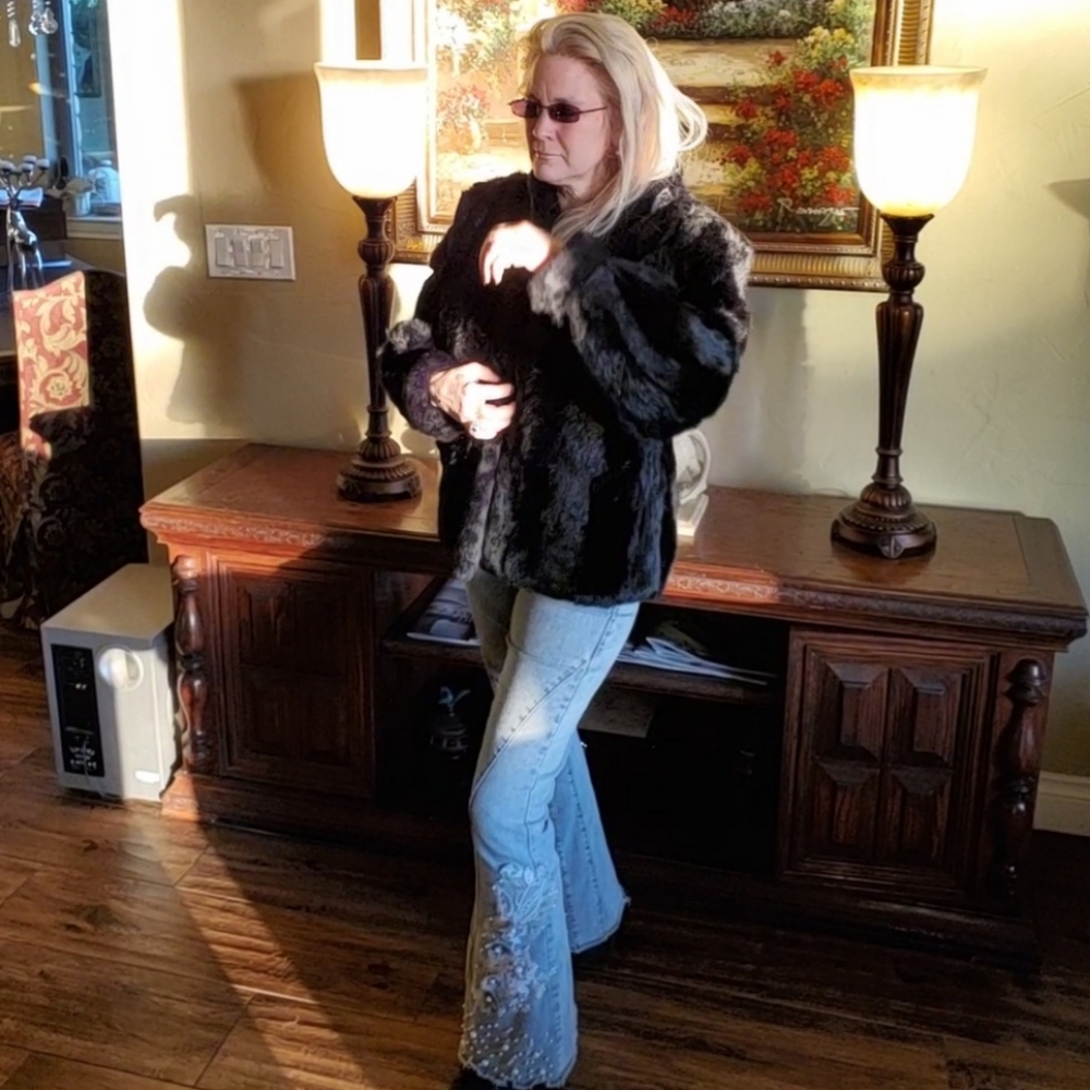 Black Striped Rabbit Fur Jacket - Picture 4 of 17